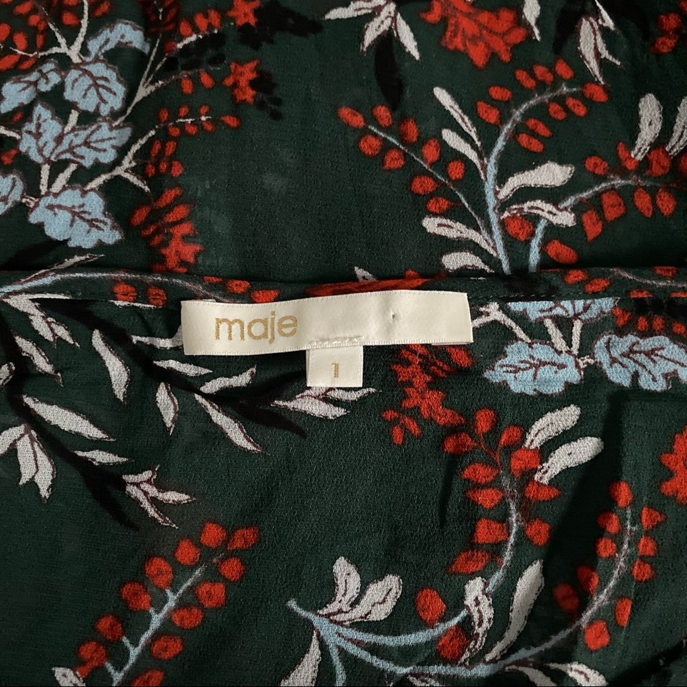 Maje Paris Lo Fleur Crepe Georgette Top Green Floral Sheer Smocked Blouse - Picture 6 of 10